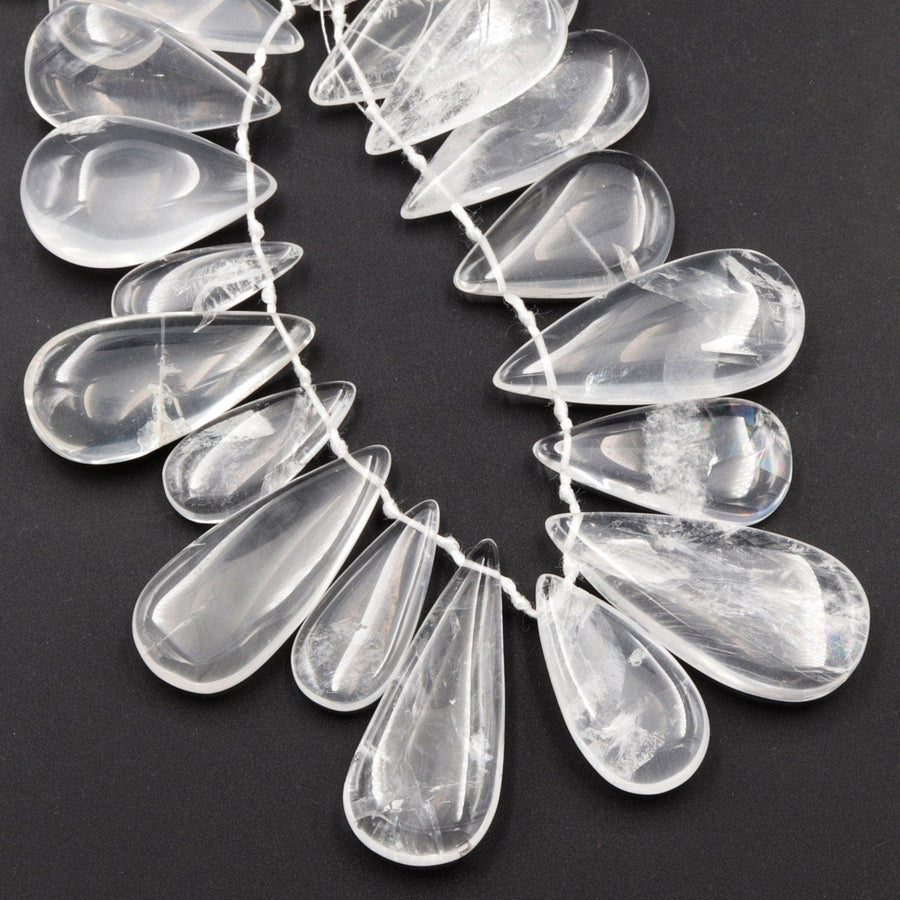 Natural Rock Crystal Quartz Teardrop Focal Pendant Beads Top Side Drilled Clear Sparkling Gemstone Smooth Focal Pendant Beads 15.5" Strand