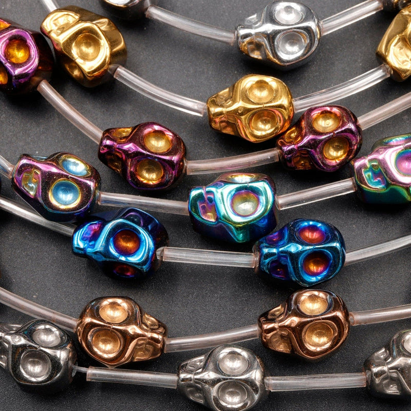 Titanium Hematite Carved Skull Beads 10mm Shiny Metallic Purple Gold Gunmetal Black Silver Rainbow Blue Copper Colors  16" Strand