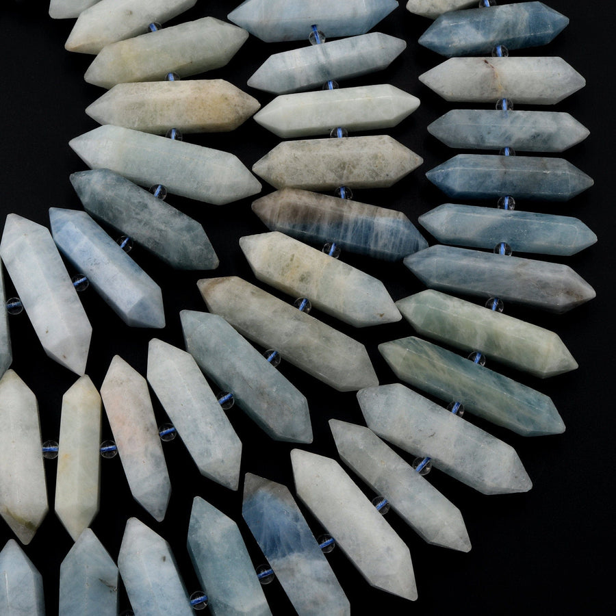 Natural Aquamarine Beads Faceted Double Terminated Points Large Center Drilled Real Genuine Soft Blue Aquamarine Focal Pendant 16" Strand