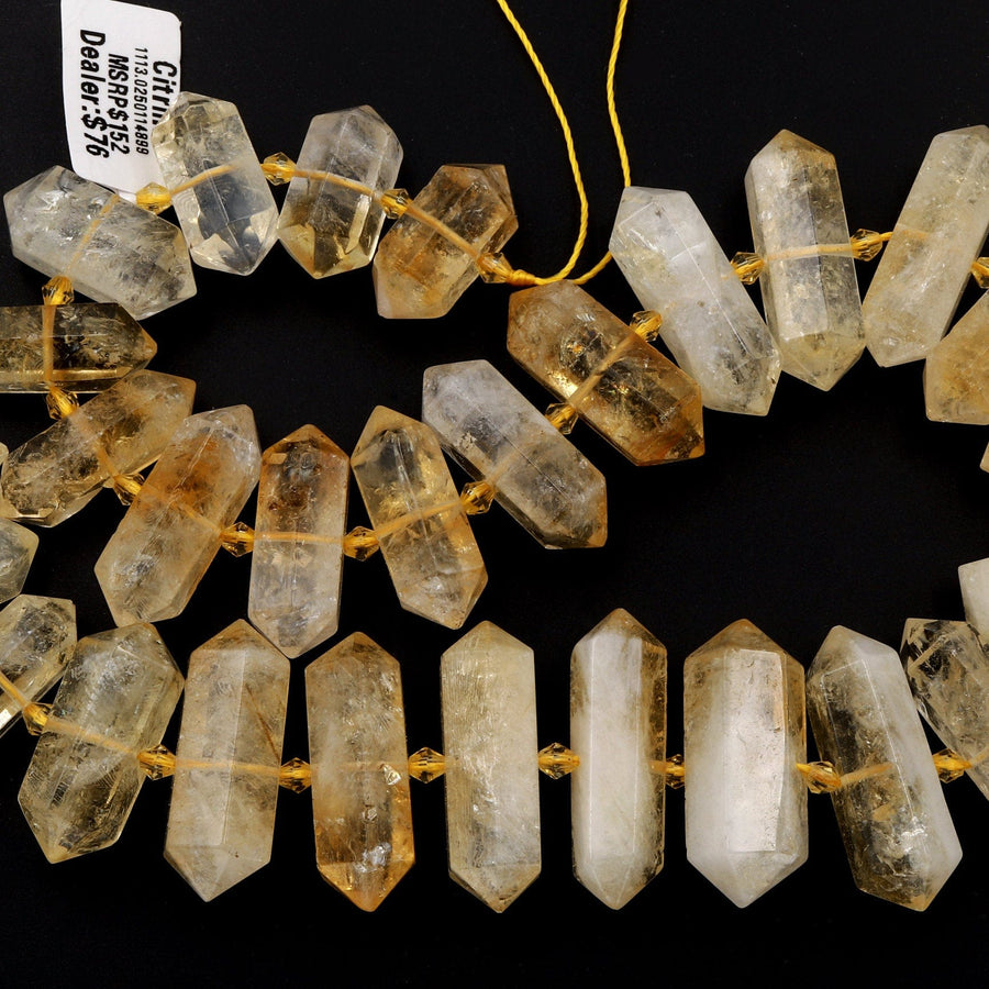 Natural Citrine Beads Faceted Double Terminated Point Tips Large Drilled Healing Natural Quartz Crystal Focal Pendant Bead 15.5" Strand