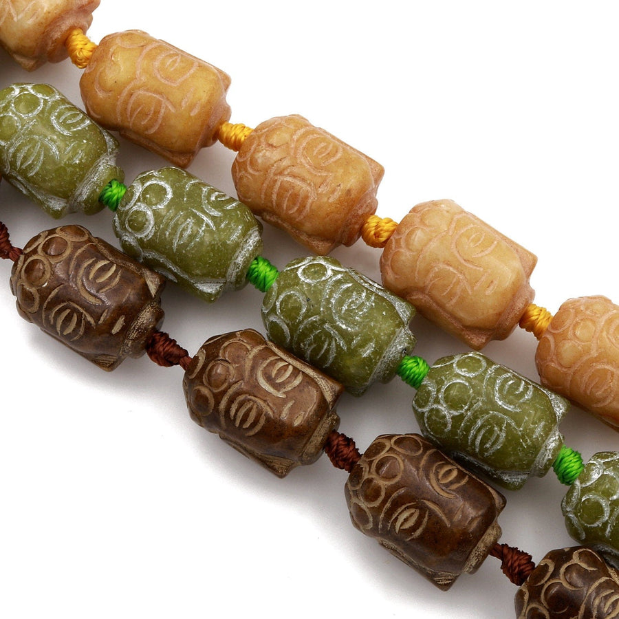 Hand Carved Natural Buddha Jade Beads Beige Brown Sand Taupe Green Neutral Colors Detailed Carving Buddha Head Natural Stone 16" Strand