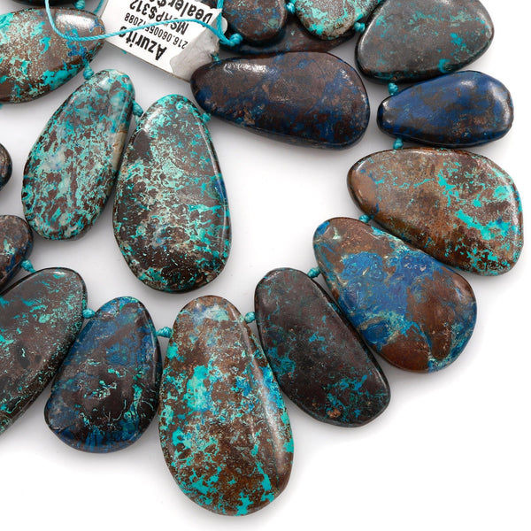 Genuine Natural Blue Azurite Chrysocolla Beads Large Top Side Drilled Freeform Long Teardrop Pendant From Arizona Copper Mine 15.5" Strand