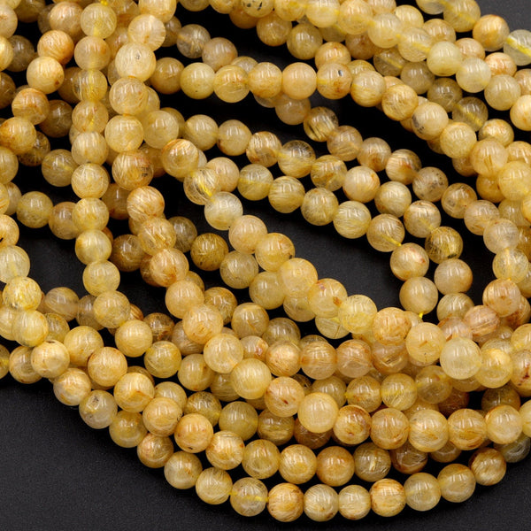 Natural Golden Rutile Quartz 4mm 6mm Round Beads Gold Yellow Rutilated Quartz Round Beads Tons of Sharp Rutile Hair Needle 15.5" Strand