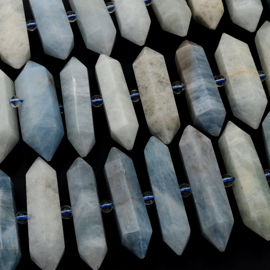 Natural Aquamarine Beads Faceted Double Terminated Points Large Center Drilled Real Genuine Soft Blue Aquamarine Focal Pendant 16" Strand