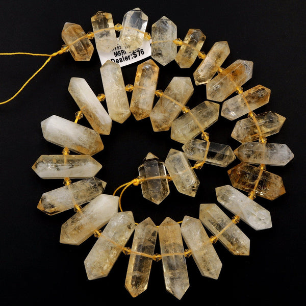 Natural Citrine Beads Faceted Double Terminated Point Tips Large Drilled Healing Natural Quartz Crystal Focal Pendant Bead 15.5" Strand