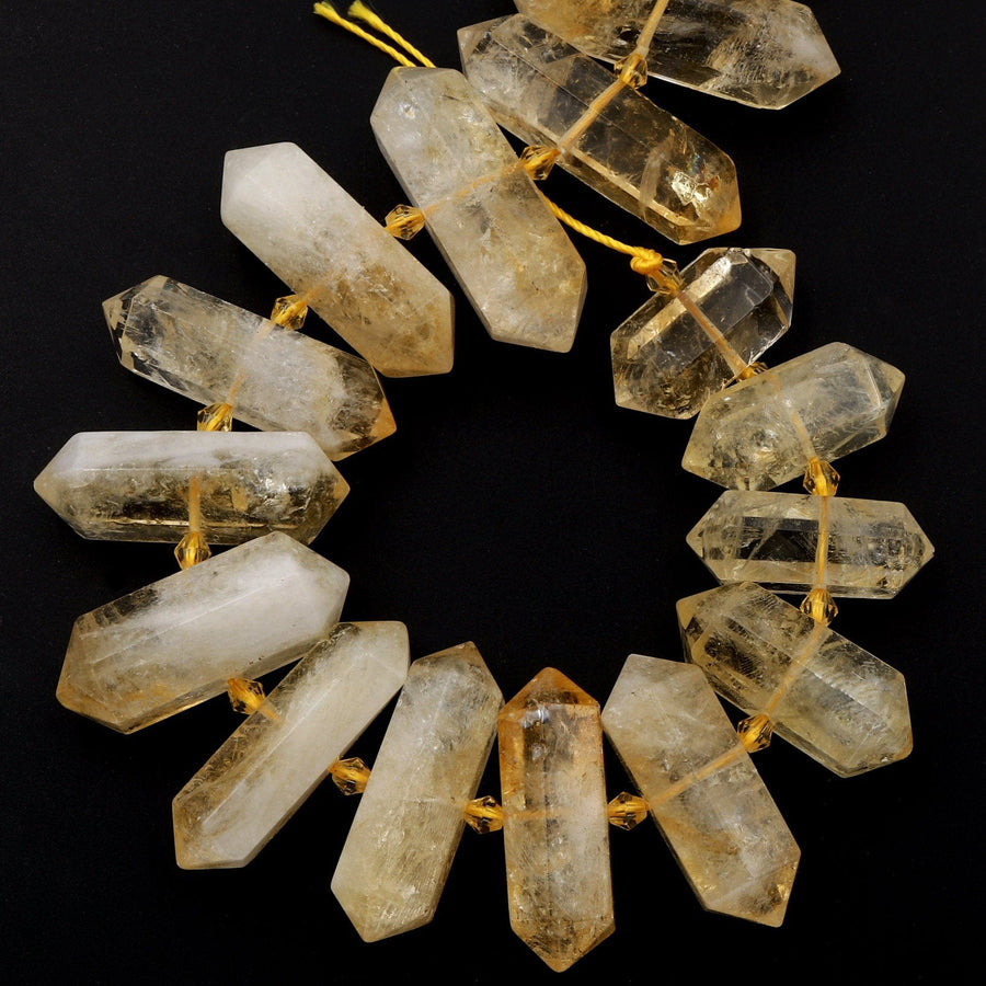 Natural Citrine Beads Faceted Double Terminated Point Tips Large Drilled Healing Natural Quartz Crystal Focal Pendant Bead 15.5" Strand