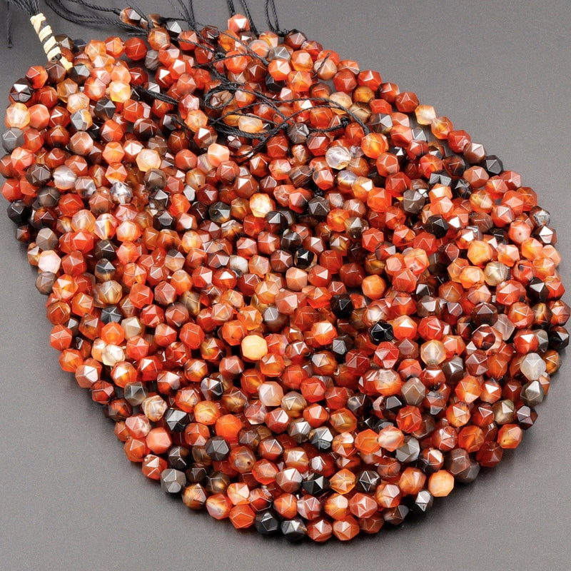 Star Cut Natural Tibetan Agate Beads Faceted 8mm Rounded Nugget Sharp Facets Red Black Agate 15" Strand