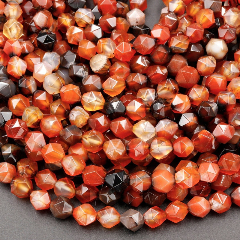Star Cut Natural Tibetan Agate Beads Faceted 8mm Rounded Nugget Sharp Facets Red Black Agate 15" Strand