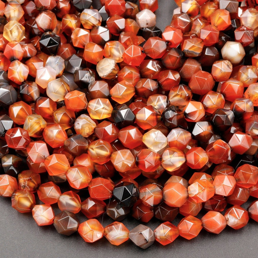 Star Cut Natural Tibetan Agate Beads Faceted 8mm Rounded Nugget Sharp Facets Red Black Agate 15" Strand