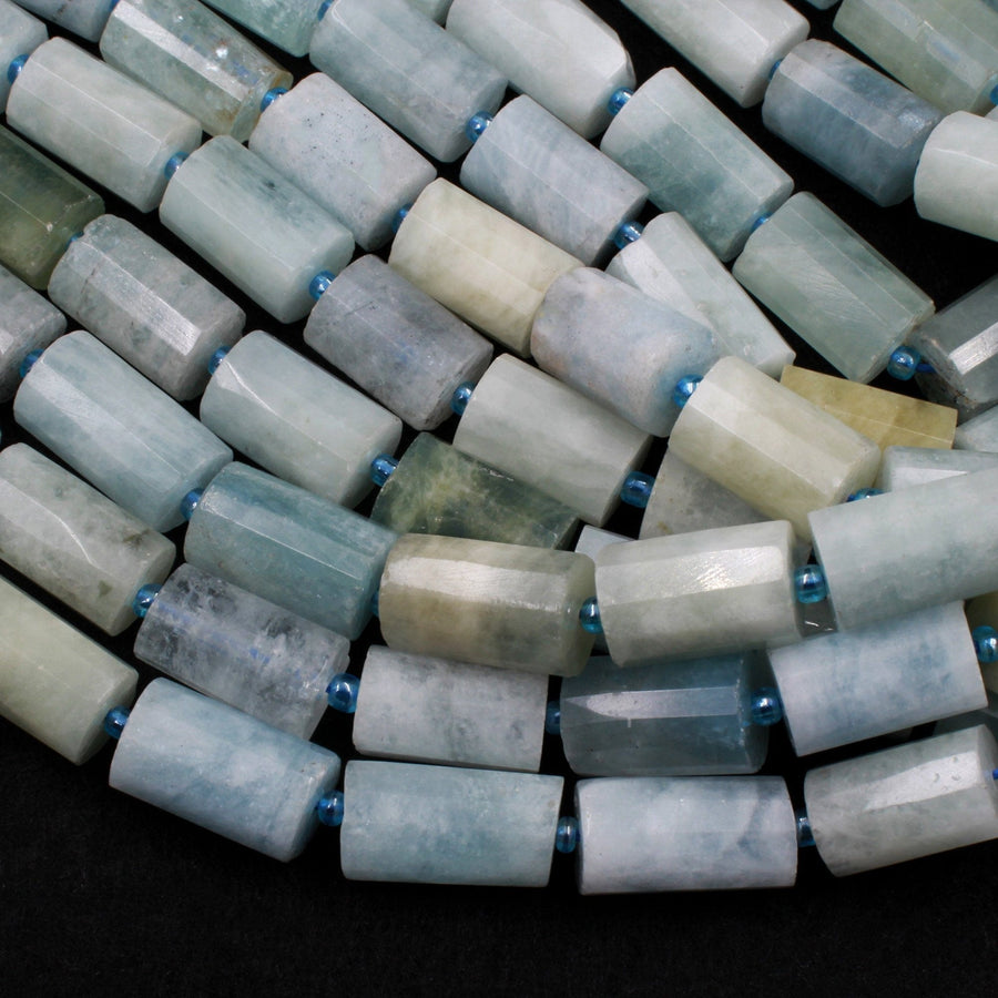Faceted Natural Aquamarine Cylinder Tube Beads High Quality Blue Green Aquamarine Gemstone Full 16" Strand