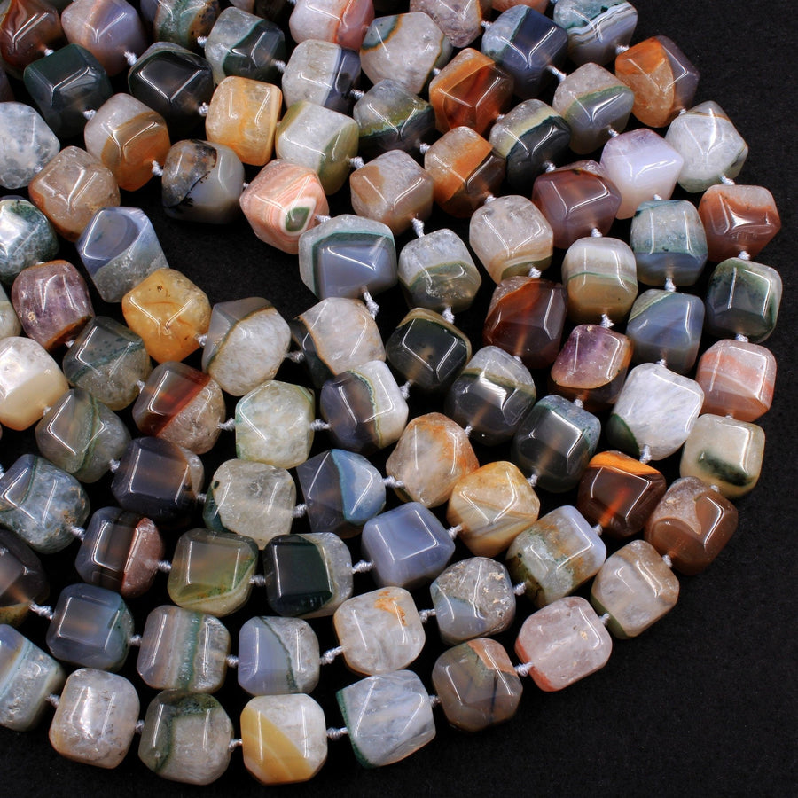 Rare Natural Phantom Agate Beads Chunky Faceted Dice Cube Square Earthy Gray Brown Peach Red Green Blue Crystal Gemstone 16" Strand