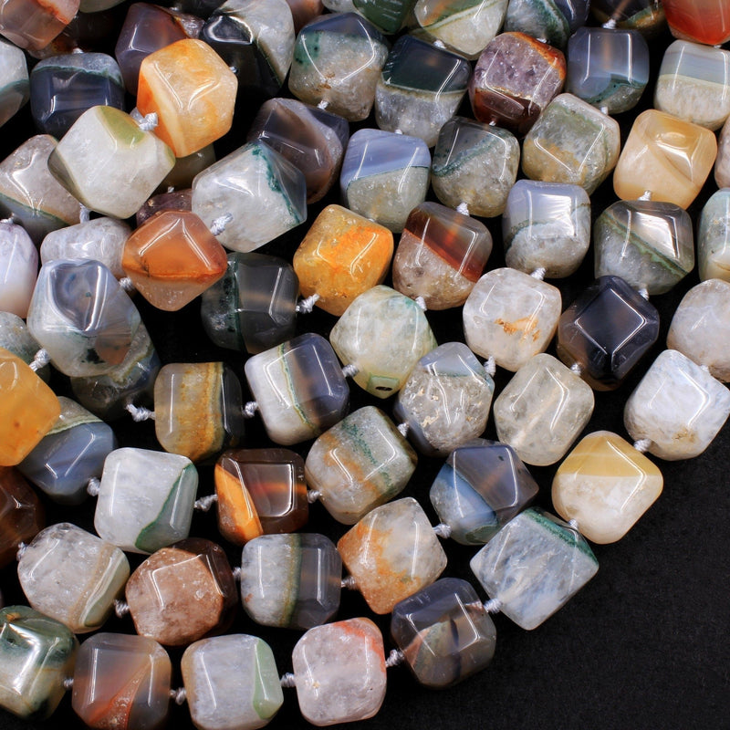 Rare Natural Phantom Agate Beads Chunky Faceted Dice Cube Square Earthy Gray Brown Peach Red Green Blue Crystal Gemstone 16" Strand