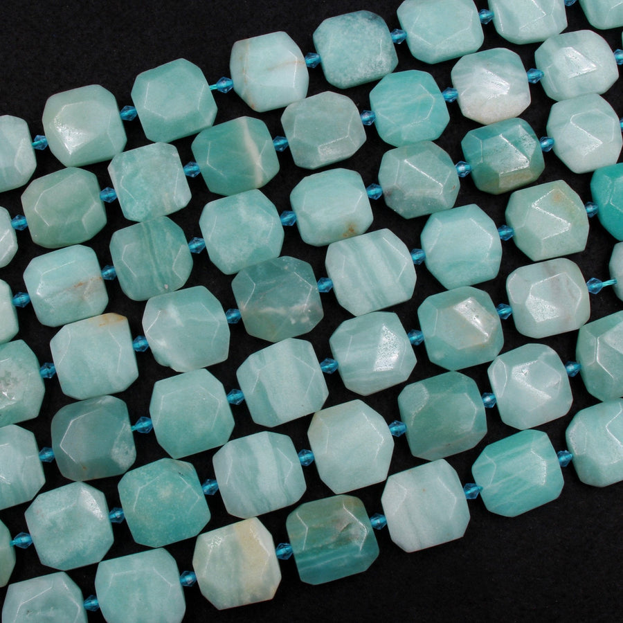 Natural Amazonite Beads Large Faceted Hexagon Octagon Square Cushion Slice High Quality Designer Quality Sea Blue Green Stone 16" Strand