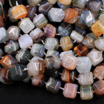 Rare Natural Phantom Agate Beads Chunky Faceted Dice Cube Square Earthy Gray Brown Peach Red Green Blue Crystal Gemstone 16" Strand