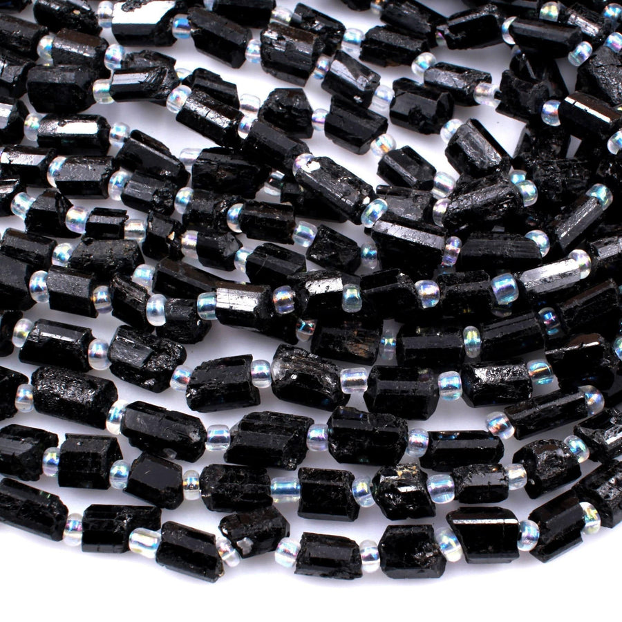 Extra Thin Small Raw Rough Natural Black Tourmaline Crystal Beads Nuggets 16" Strand