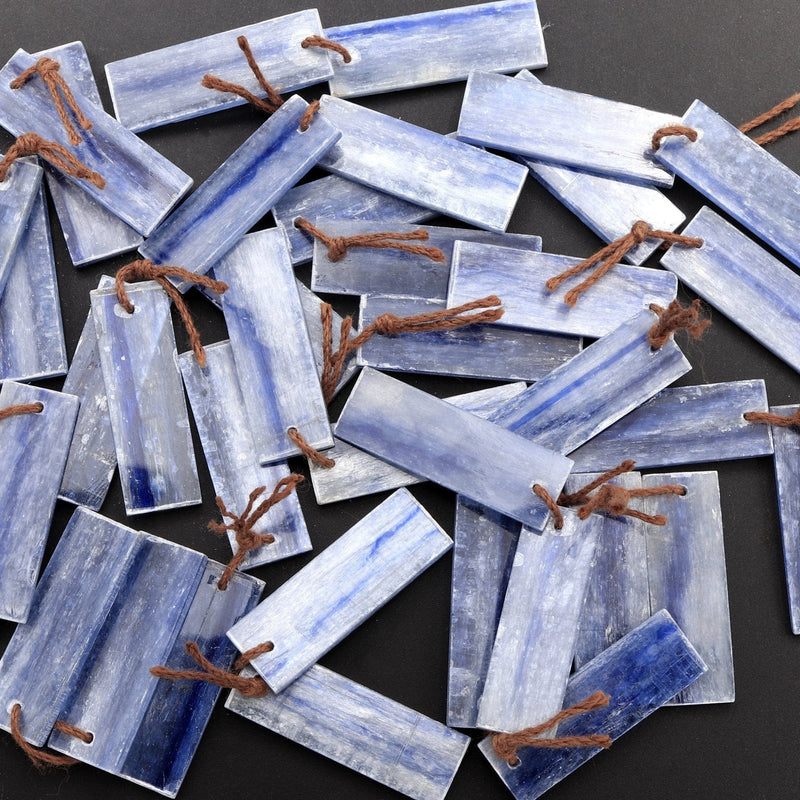 Drilled Natural Blue Kyanite Earring Pair Flat Thin Rectangle Cabochon Cab Pair Drilled Matched Earrings Bead Pair