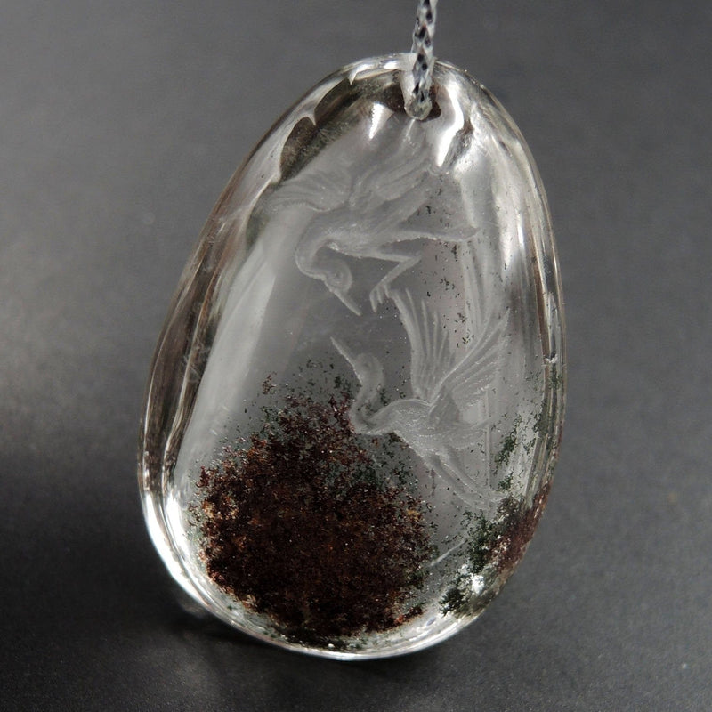 Carved Natural Lodolite Phantom Quartz Pendant Front Drilled Hand Carved Crane Rock Crystal Pendant One of a Kind Longevity Pendant P1802