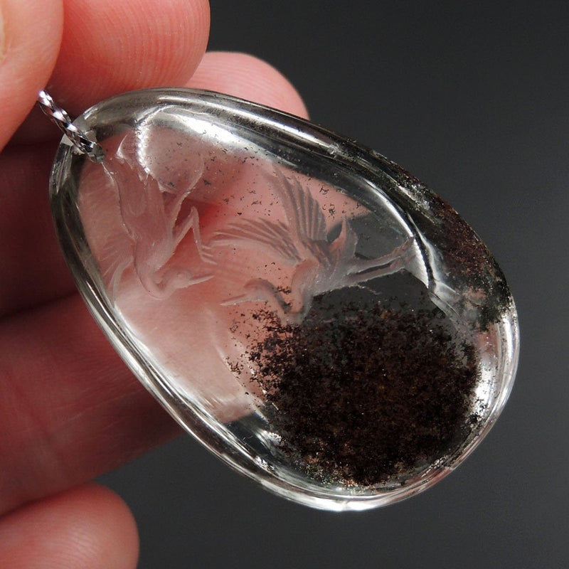 Carved Natural Lodolite Phantom Quartz Pendant Front Drilled Hand Carved Crane Rock Crystal Pendant One of a Kind Longevity Pendant P1802