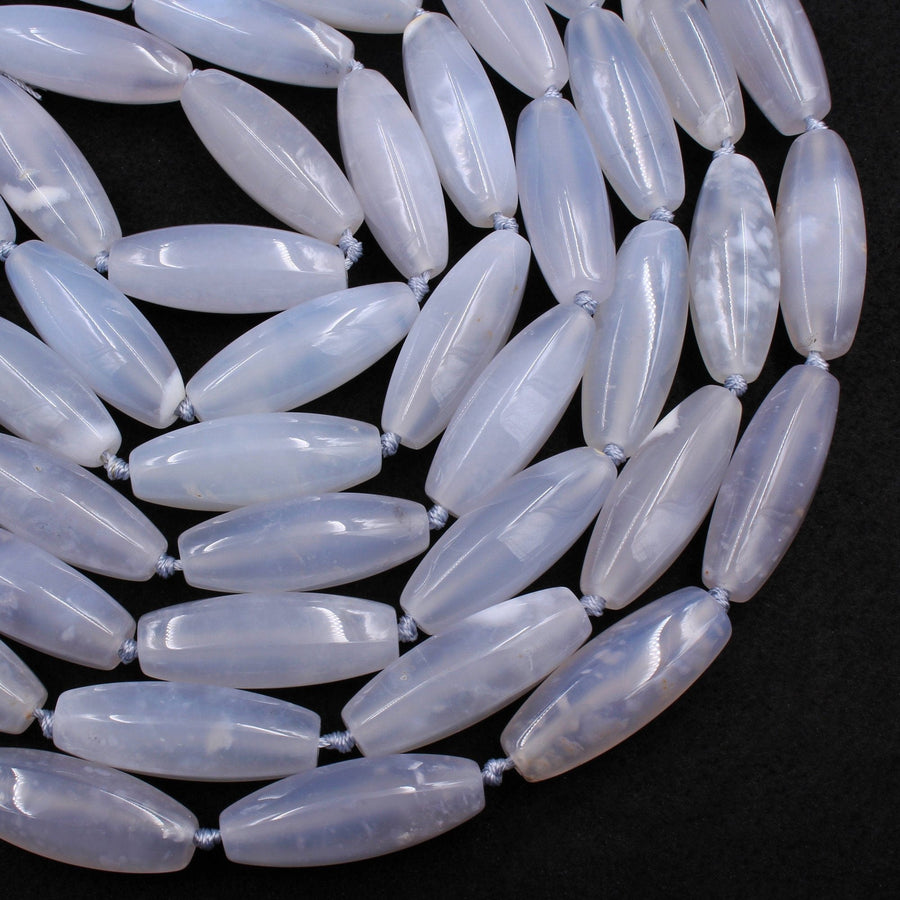 Icy! Natural Blue Angel Chalcedony Beads Long Drum Tube Cylinder Smoothly Faceted Beads 40mm Gemmy Clear Gemstone 16" Strand