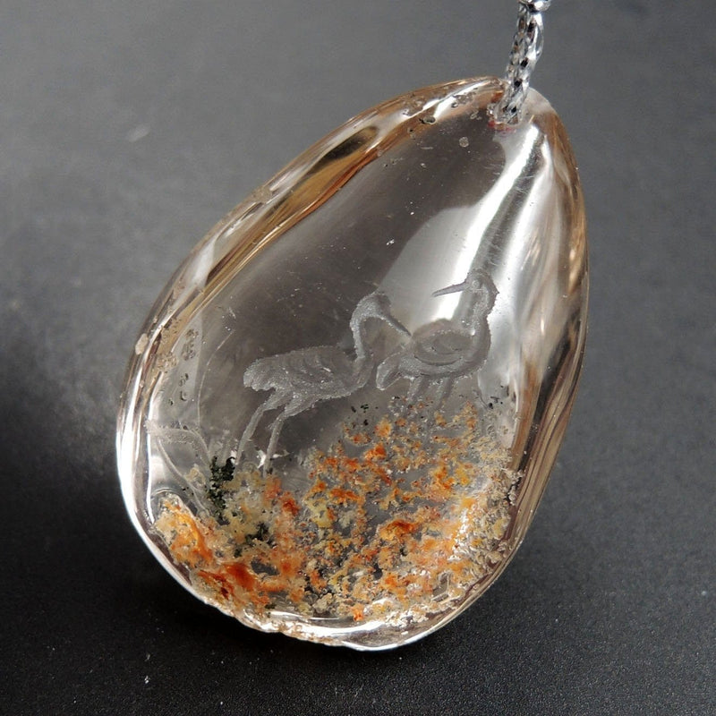 Carved Natural Lodolite Phantom Quartz Pendant Front Drilled Hand Carved Crane Rock Crystal Pendant One of a Kind Longevity Pendant P1797