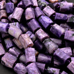 Natural Charoite Beads Faceted Tube Nuggets Matte Raw Organic Hand Cut Purple Russian Charoite Rectangle Cylinder Gemstone 16" Strand