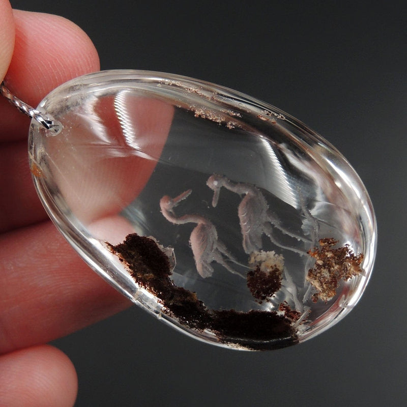 Carved Natural Lodolite Phantom Quartz Pendant Front Drilled Hand Carved Crane Rock Crystal Pendant One of a Kind Longevity Pendant P1795