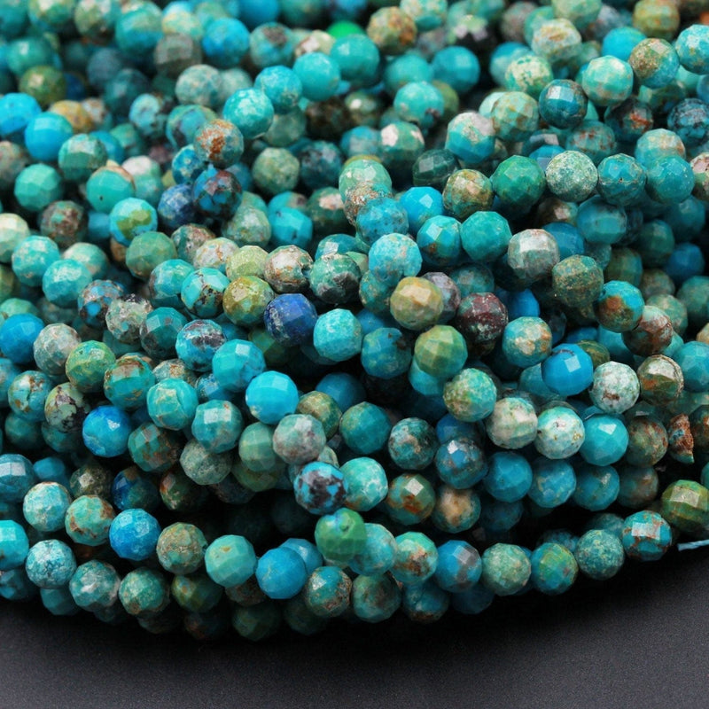 Natural Turquoise 2.5mm Faceted Round Beads Real Genuine Natural Blue Green Turquoise Gemstone Micro Faceted Diamond Cut 16" Strand