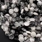 Black Rutilated Quartz Coin Beads 8mm 10mm Black Tourmaline Rutile Quartz Smooth Coin Black Semi Precious Gemstone 16" Strand