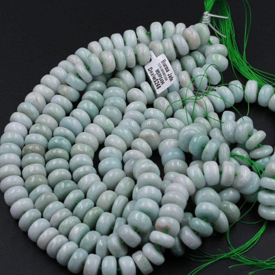 Natural Burmese Jade 14mm  Rondelle Wheel Beads Large Chunky Center Drilled Disc Icy Genuine Green Burma Jade Gemstone Beads 16" Strand