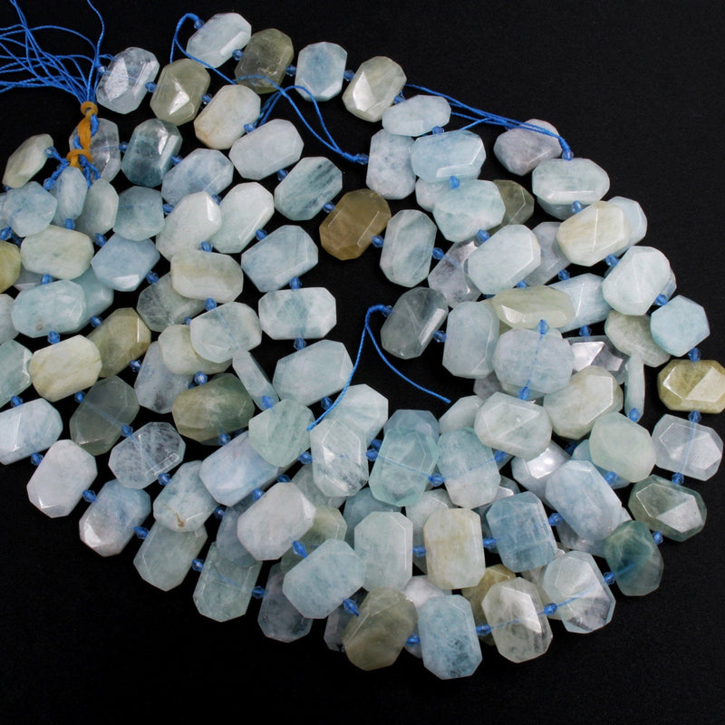 Natural Blue Green Aquamarine Faceted Rectangle Octagon Cushion Slice Flat Focal Bead Real Genuine Beryl Gemstone Beads 16" Strand