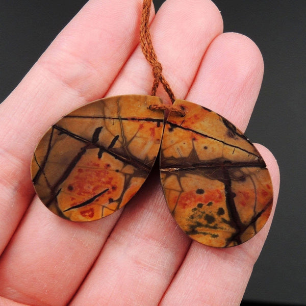Natural Red Creek Jasper Earring Pair Flat Teardrop Cabochon Cab Pair Drilled Matched Earrings Bead Pair E2254