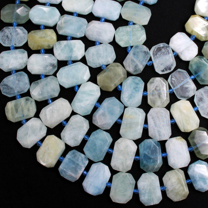 Natural Blue Green Aquamarine Faceted Rectangle Octagon Cushion Slice Flat Focal Bead Real Genuine Beryl Gemstone Beads 16" Strand