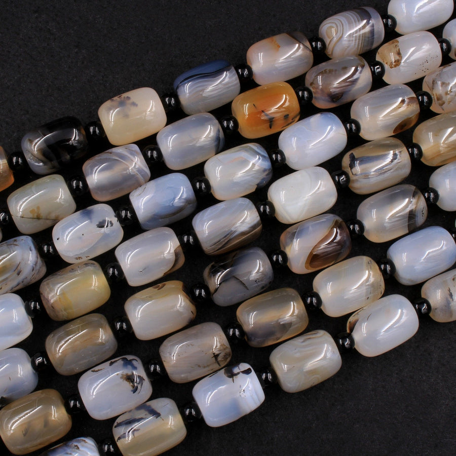 Natural Montana Agate Rounded Cylinder Barrel Drum Beads Highly Polished Amazing Scenic Pattern High Quality Black White Beads 16" Strand
