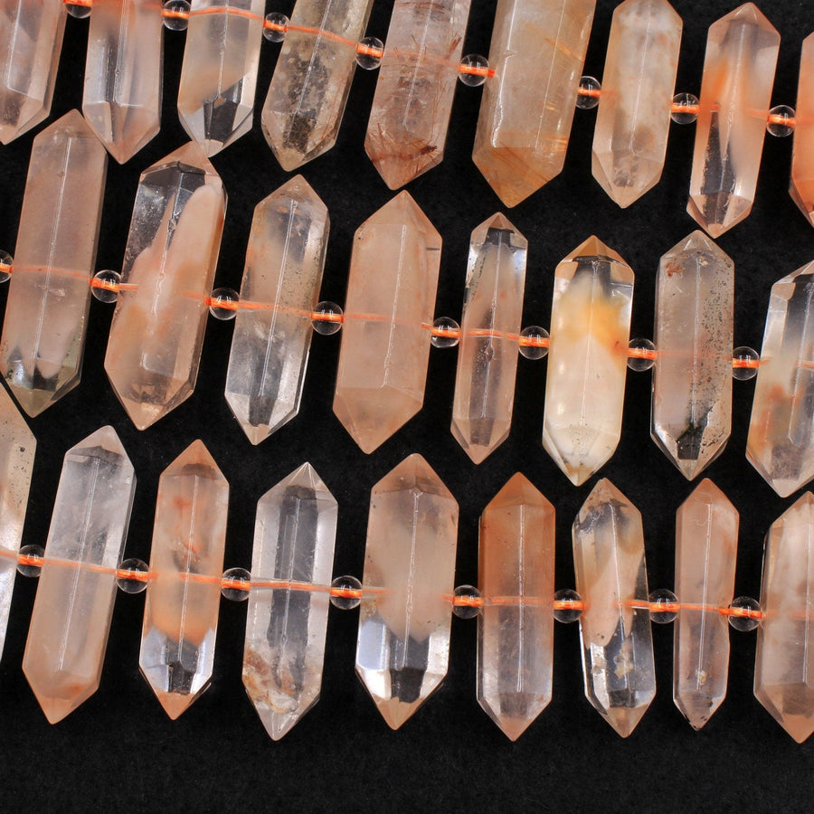 Rare Pink Red Phantom Quartz Beads Faceted Double Terminated Points Large Center Drilled Lodalite Pendant 16" Strand