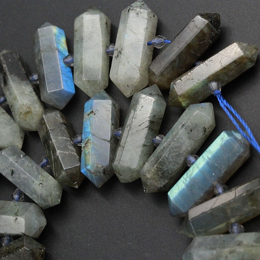 Natural Labradorite Beads Faceted Double Terminated Point Bullet Bicone Large Long Center Drilled Focal Labradorite Pendant Bead 16" Strand