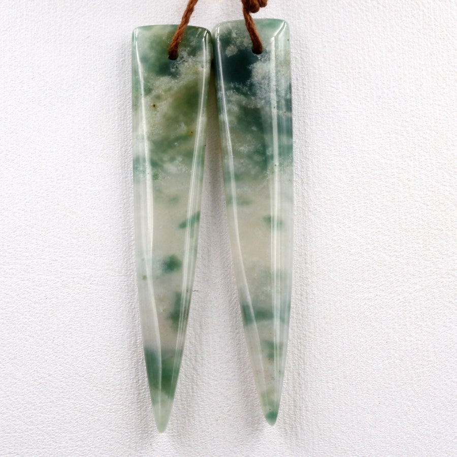 Drilled Natural Green Mountain Jade Earring Pair Dagger Cabochon Cab Pair Matched Earrings Long Triangle Gemstone Bead Pair