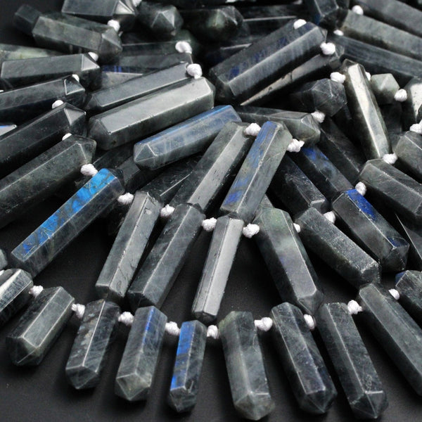 Natural Labradorite Beads Faceted Double Terminated Point Bullet Long Top Drilled Focal Black Blue Labradorite Pendant Bead 16" Strand