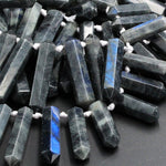 Natural Labradorite Beads Faceted Double Terminated Point Bullet Long Top Drilled Focal Black Blue Labradorite Pendant Bead 16" Strand