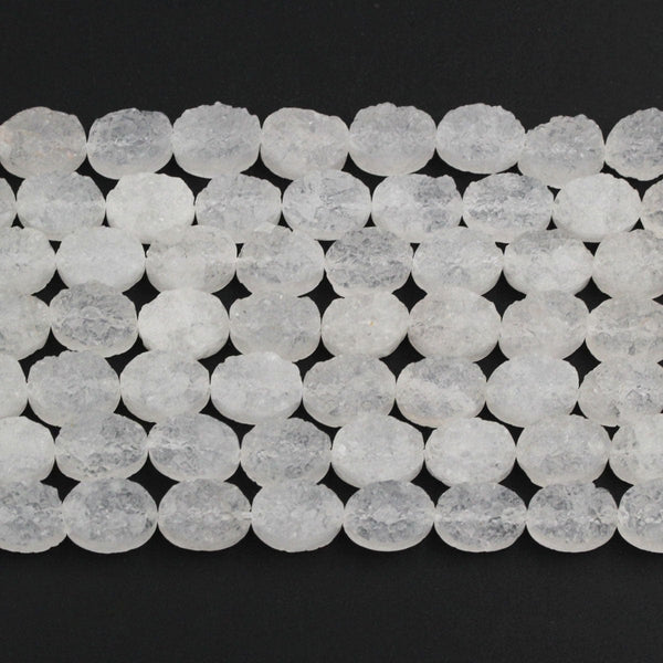 Pristine Icy White Natural Rock Quartz Druzy Bead Drusy Beads Oval 8mm 10mm Drilled White Crystal Beads Perfect for Earrings 16" Full Strand