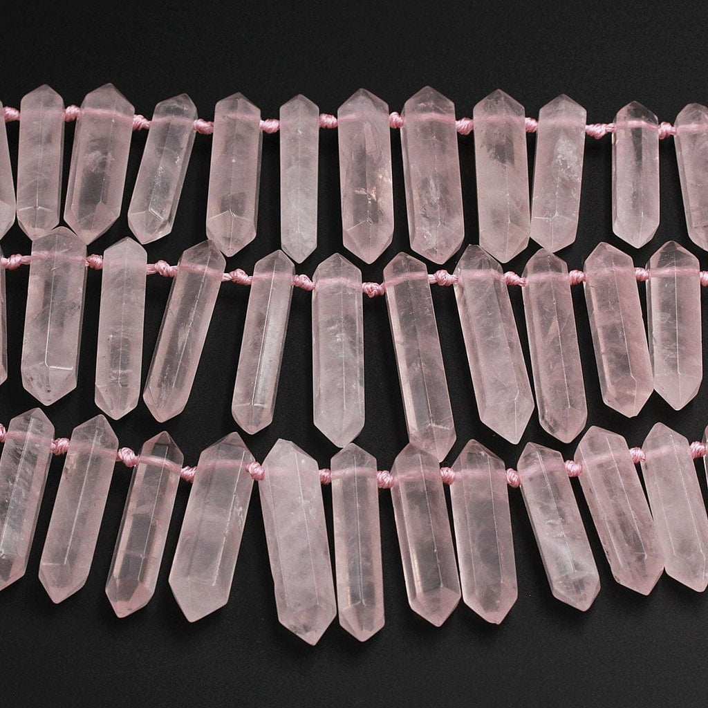 Natural Pink Rose Quartz Faceted Double Terminated Pointed Tips Large Top Side Drilled Focal Pendant Bead Bullet Bicone Drilled 16" Strand