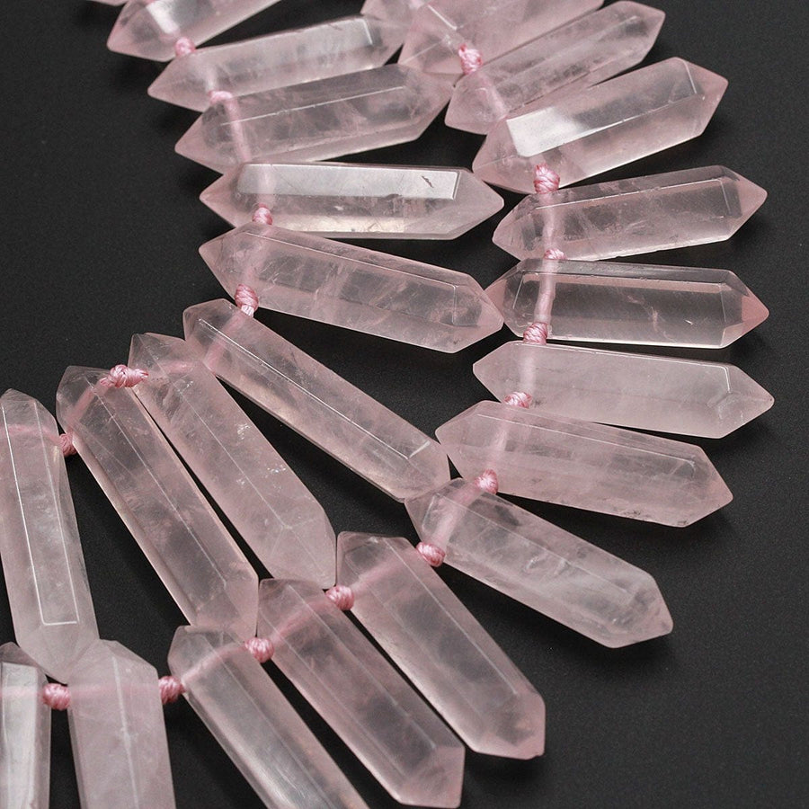 Natural Pink Rose Quartz Faceted Double Terminated Pointed Tips Large Top Side Drilled Focal Pendant Bead Bullet Bicone Drilled 16" Strand