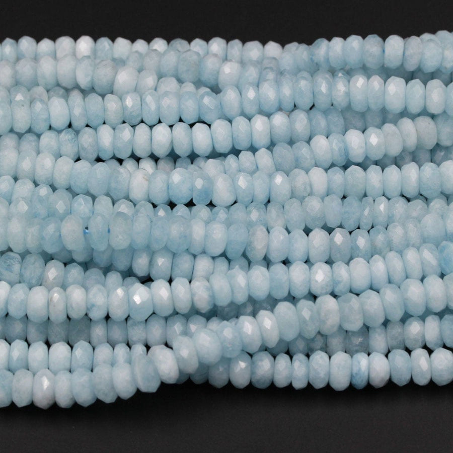 Natural Aquamarine Faceted Rondelle 8mm Beads Soft Sea Blue Color Faceted Saucer Center Drilled Disc Nugget Superior A Grade 16" Strand