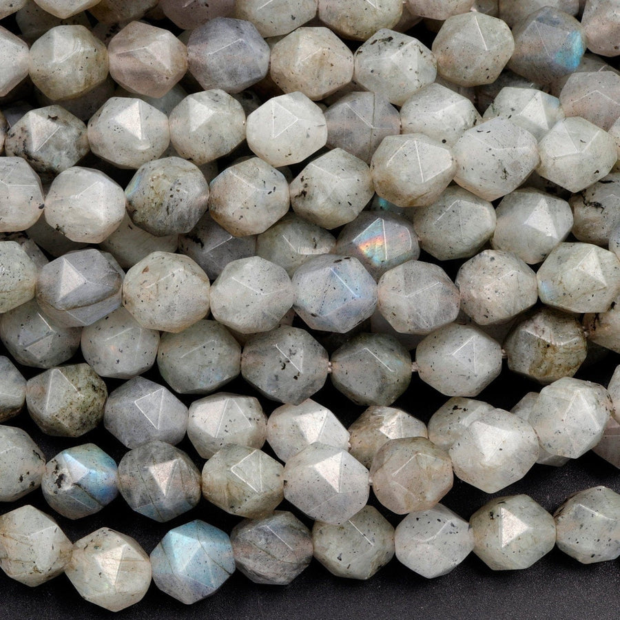 Star Cut Natural Labradroite Beads Faceted 8mm Rounded Nugget Sharp Facets 15" Strand