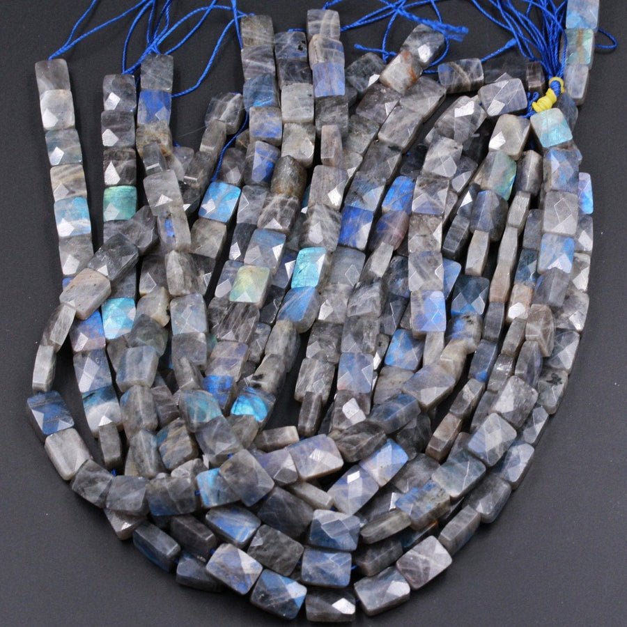 Faceted Labradorite Rectangle Cushion Beads 14mm 16mm Natural Dark Labradorite Brilliant Blue Green Flashes Fire Good For Earring 16" Strand