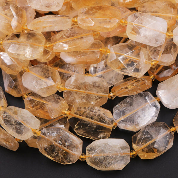 Natural Golden Citrine Rectangle Beads Faceted Octagon Cushion Geometric Cut Large Flat Nugget Yellow Real Genuine Gemstone 16" Strand