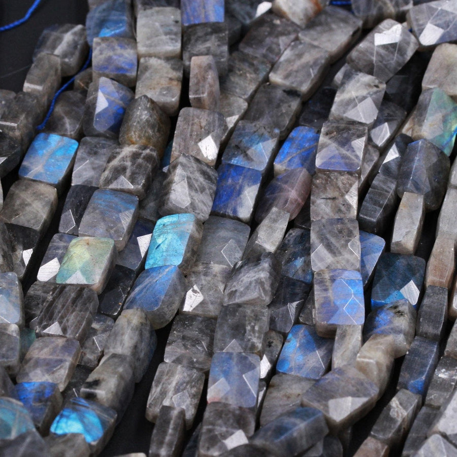 Faceted Labradorite Rectangle Cushion Beads 14mm 16mm Natural Dark Labradorite Brilliant Blue Green Flashes Fire Good For Earring 16" Strand