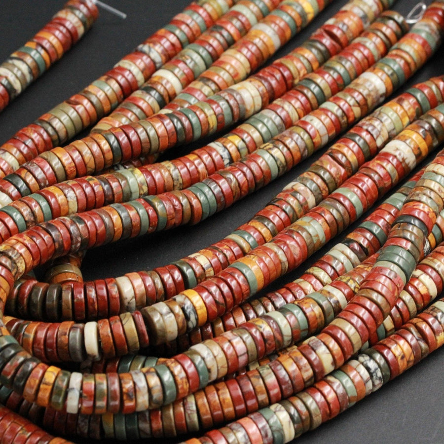 Red Creek Jasper Beads 4mm 6mm 8mm 10mm Heishi Rondelle Disc High Quality Earthy Red Green Yellow Brown Multicolor Picasso Jasper 16" Strand