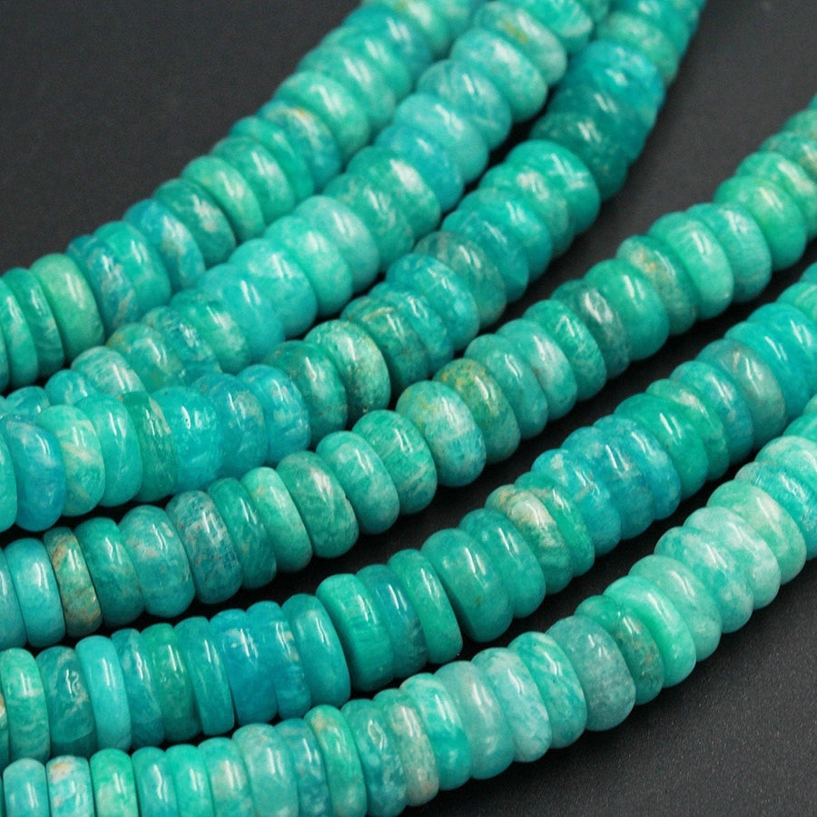 Large Natural Peruvian Amazonite Heishi Rondelle 10mm Beads Superior A Grade Genuine Sea Blue Green Gemstone Center Drilled Disc 15" Strand