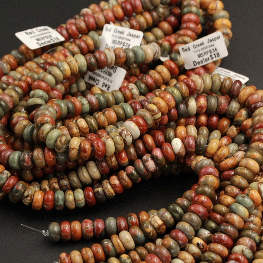 Red Creek Jasper Rondelle Beads 6mm 8mm 10mm Red Green Yellow Brown Natural Cherry Creek Multi Color Multicolor Picasso Jasper 16" Strand