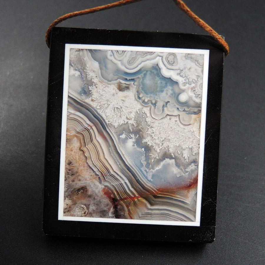 Intarsia Pendant Natural Laguna Lace Agate Pendant W Black Onyx Frame Side Drilled Rectangle Picture Frame Amazing Sky Mountain P1814